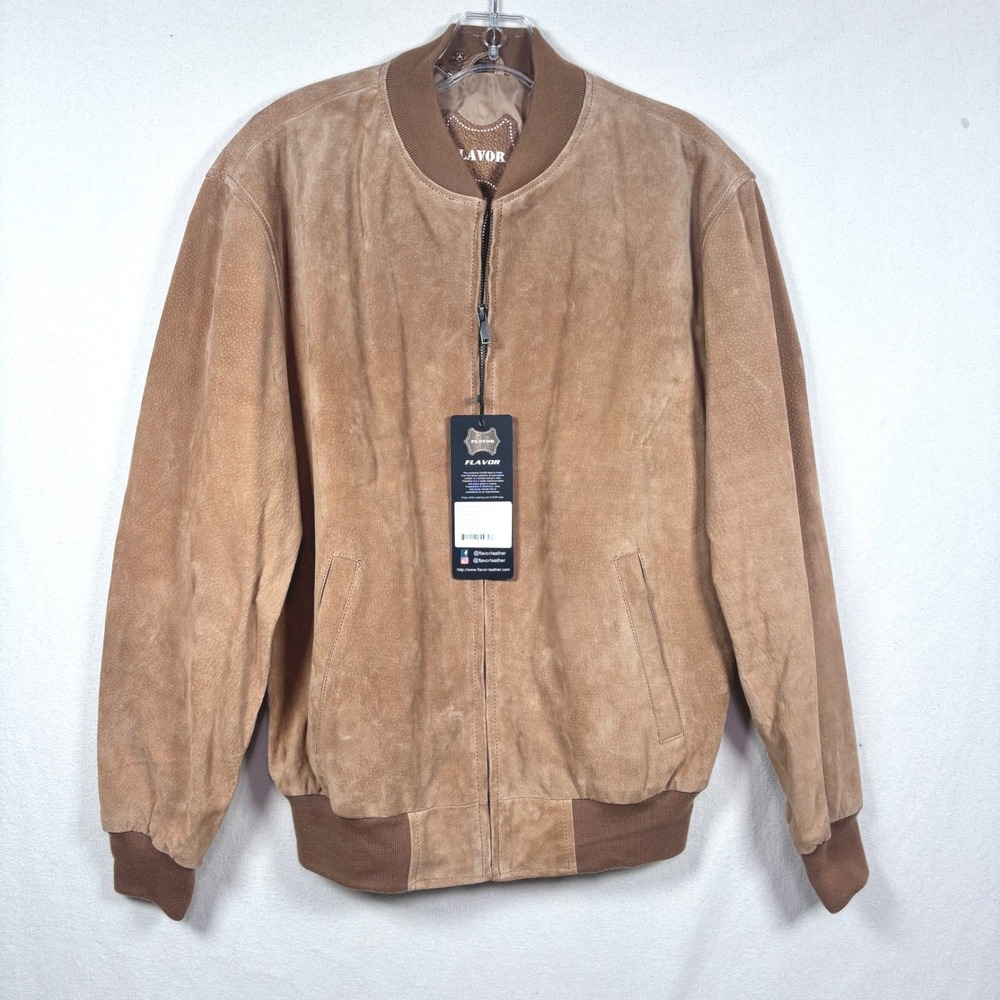 FLAVOR Men's Beige Pig Skin Suede Leather Bomber Jacket MXGX262 Small *see pics*